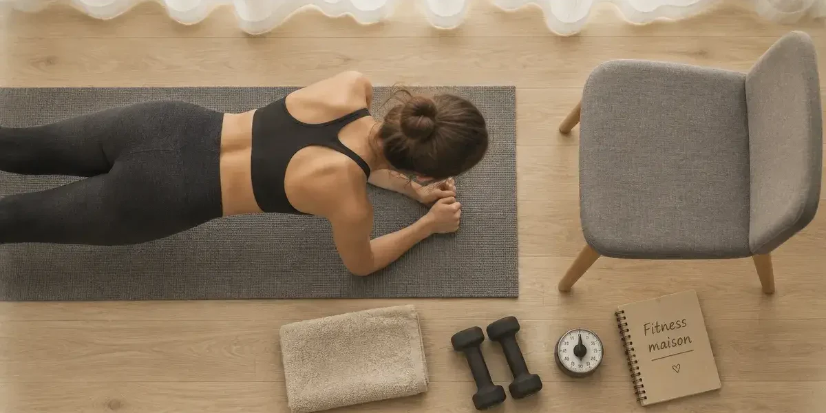 Femmes fitness : gainage maison sur tapis, mini-haltères et minuteur