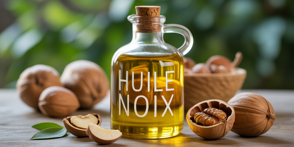 Huile de noix bio bouteille verre foncé éclats noix sur table