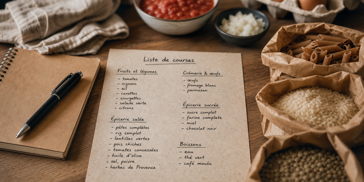 Liste courses alimentaires sur feuille papier recyclé, table bois clair