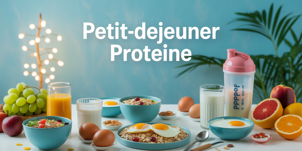 table petit dejeuner proteine avec oeufs muesli yaourt fruits shaker