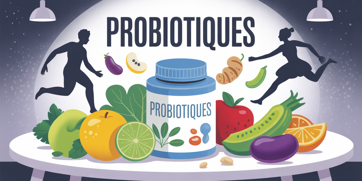 boite de probiotiques sur table avec fruits et legumes