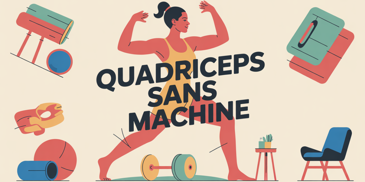 Quadriceps sans machine, femme stylisée faisant exercices jambes avec élastique, chaise, tabouret