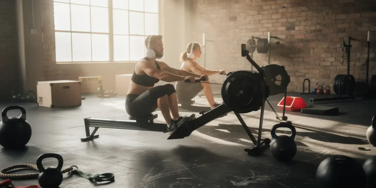 Photo réaliste d'un rameur moderne en salle de sport, optimisation entraînement