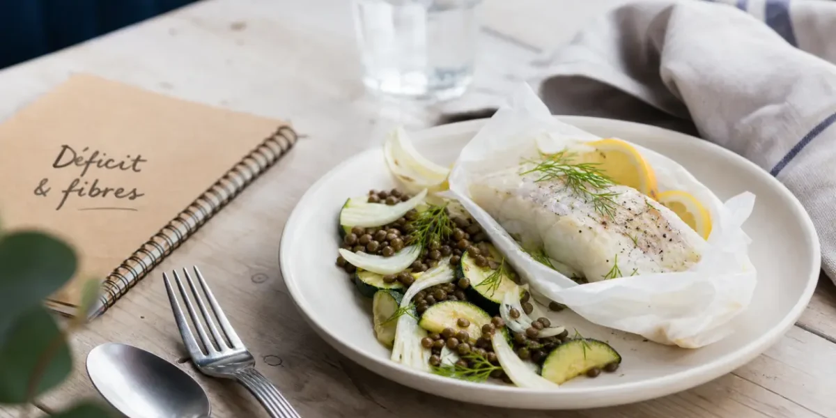 Recette pour maigrir le ventre : fibres et protéines, salade tiède et cabillaud en papillote