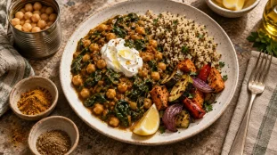 Repas riche en proteine : assiette équilibrée aux pois chiches et quinoa