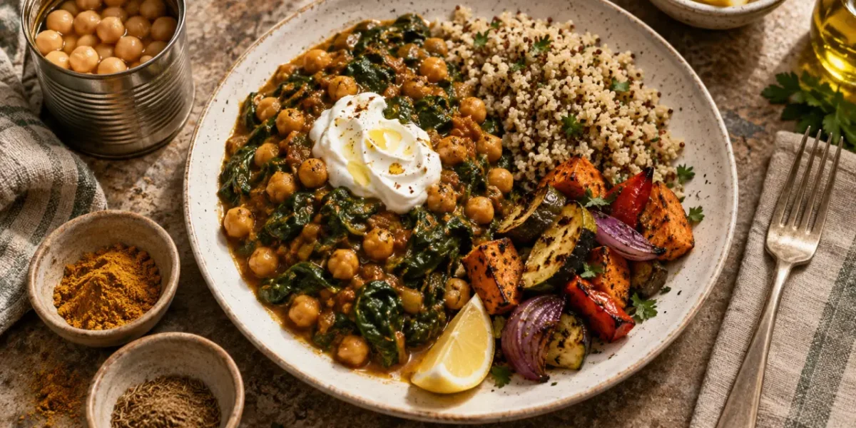 Repas riche en proteine : assiette équilibrée aux pois chiches et quinoa