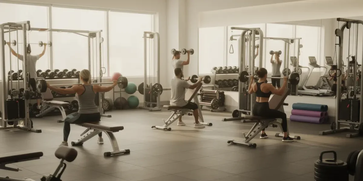Renforcement du dos en salle de sport avec haltères, élastiques et machines