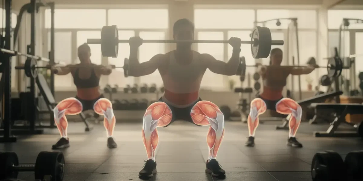 Squat, muscles en surbrillance, analyse anatomique salle de sport