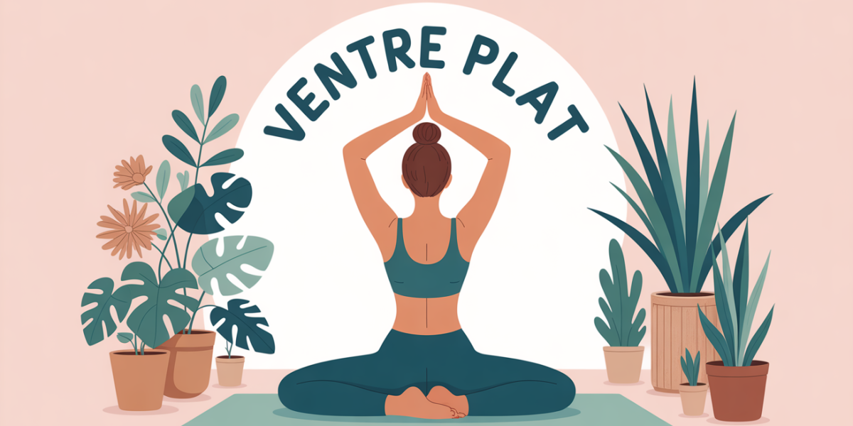 Femme de dos sur tapis de yoga, vegetation, titre ventre plat