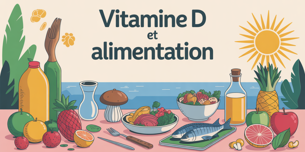 grande illustration vitamine d fruits poissons champignons uv