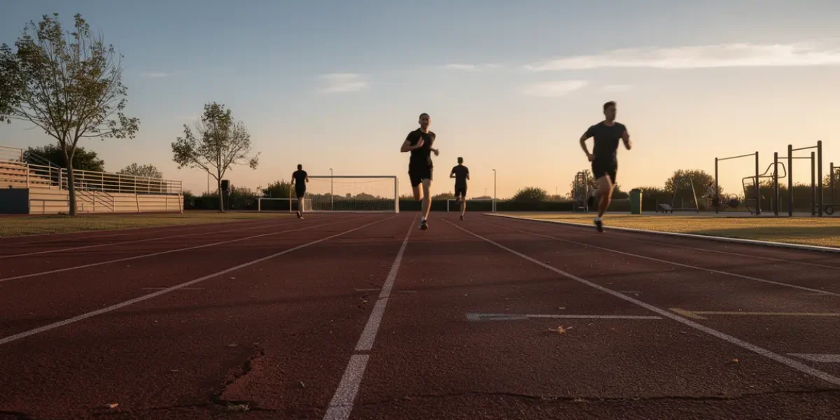 Piste athlétisme extérieur lever soleil silhouettes cardio